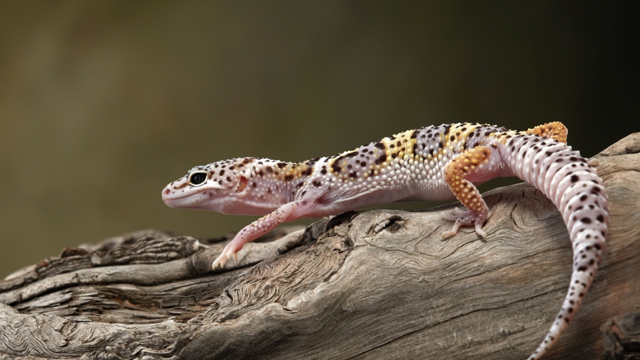A leopard gecko crawls along a branch, its detailed skin patterns clearly visible.