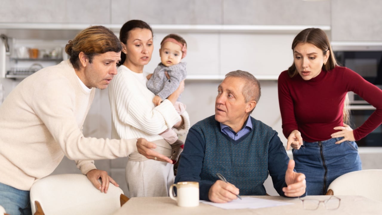 Family members giving advice to old man and discussing inheritance