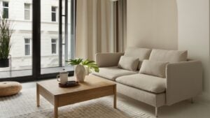 Contemporary living room with beige sofa, wooden coffee table and large window with curtains.