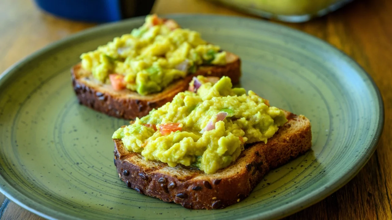 Guacamole Avocado Toast with Fresh Vegetables on Whole Grain Bread