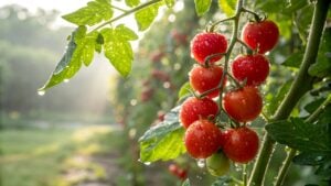 Tomato on tree with water drop in field, Tomatoes on tree in natural rainy day background