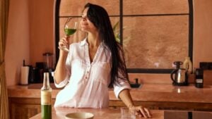 A woman enjoying a glass of liquid chlorophyll in a warm terracotta kitchen. Green detox drink, wellness lifestyle, clean eating and natural beauty vibes.