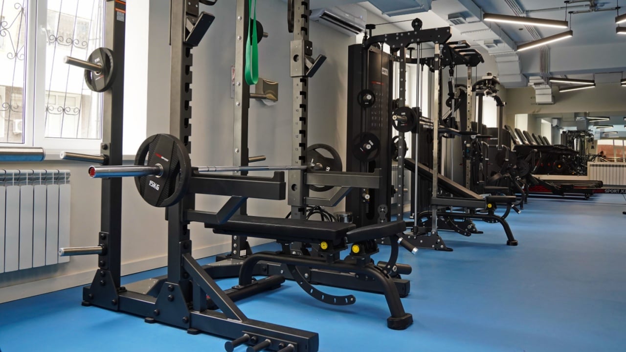 Almaty, Kazakhstan - 07.14.2025 : Strength training equipment. Fitness center, gym, sports club.