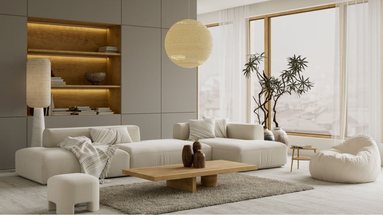 Minimalist modern living room featuring soft materials, neutral colors and refined furniture composition ideal for elegant and timeless interior visuals.