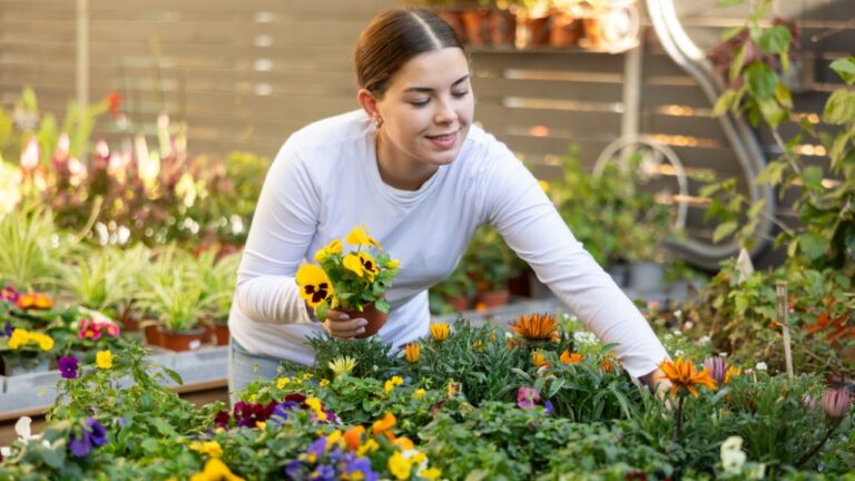 Woman looking to buy potted viola in container garden shop