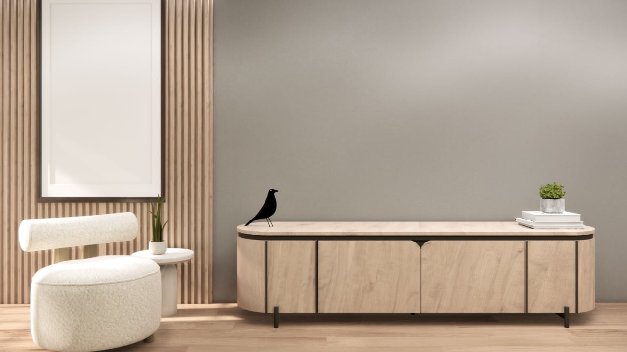 Greige Modern Japandi living room interior with light wood furniture and white sofa in Greige walls and natural sunlight