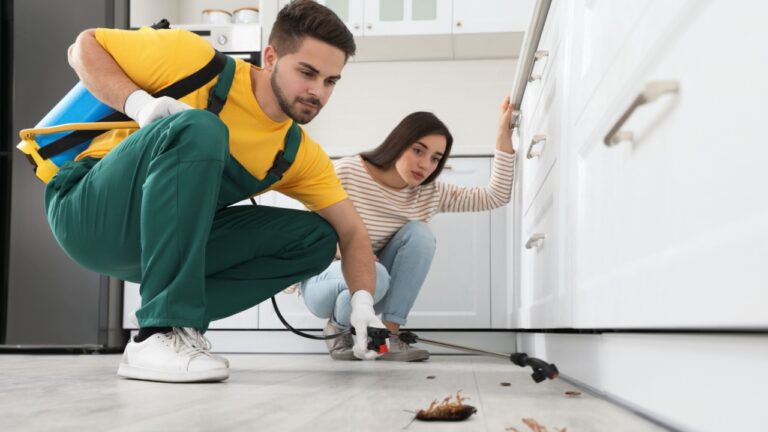 Pest control worker and woman looking at dead cockroaches on floor in kitchen