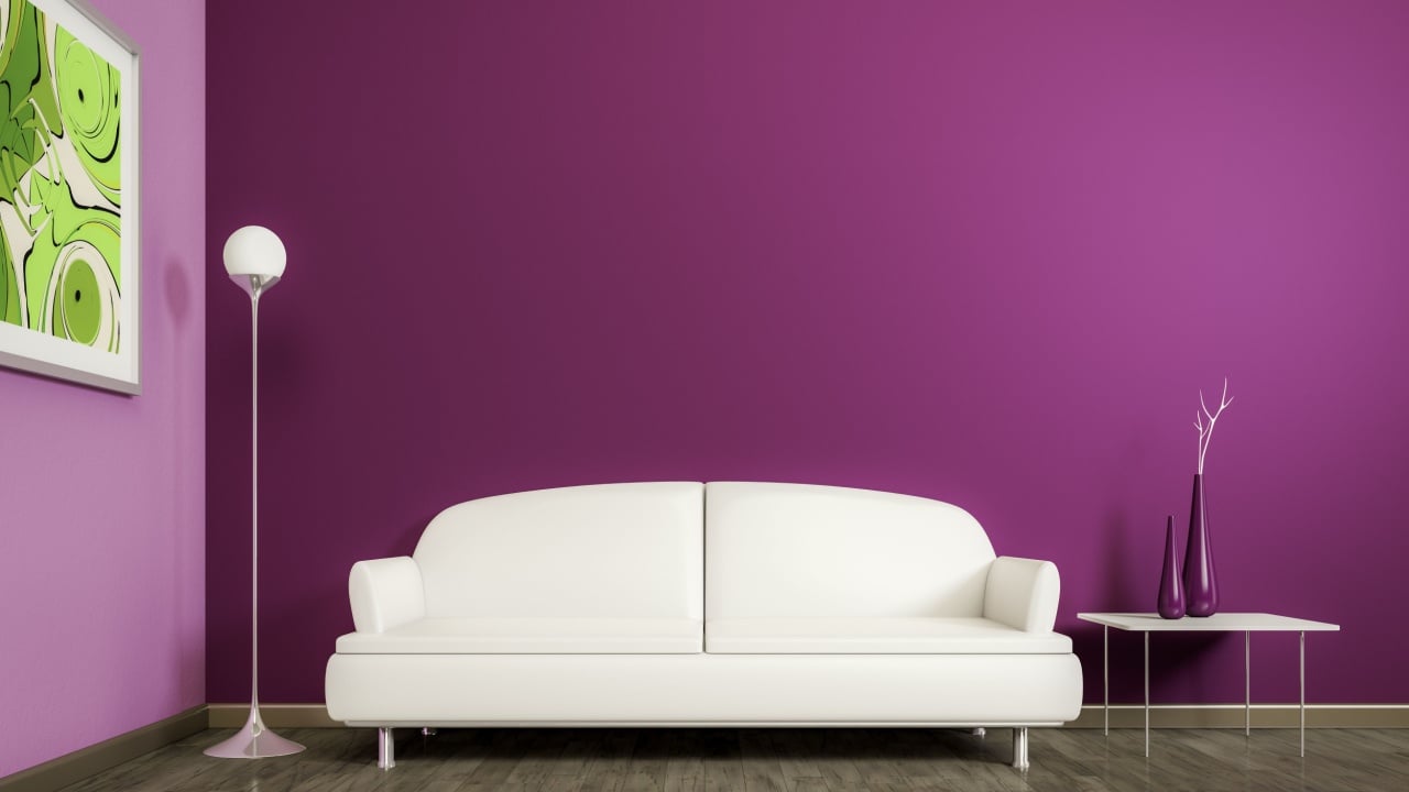 3d rendering of a purple room with a white sofa
