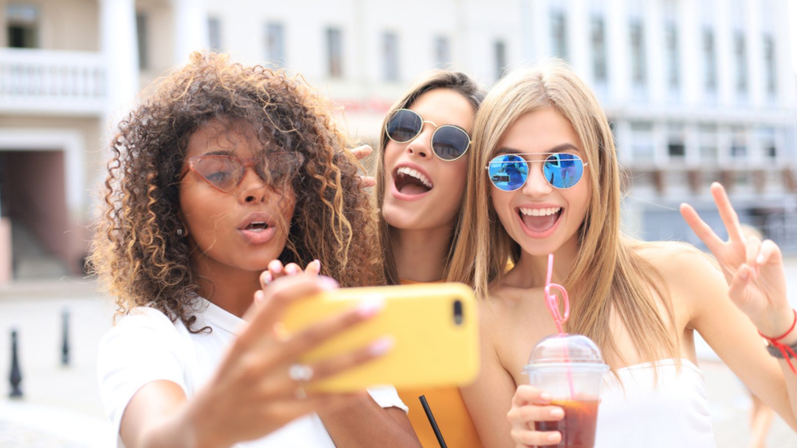 selfie young happy girls peace sign phone