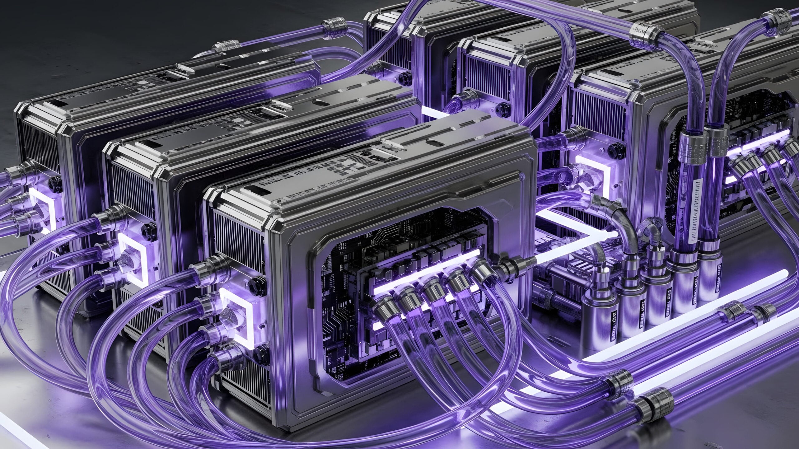 Advanced server rack with intricate liquid cooling system and vibrant purple illumination