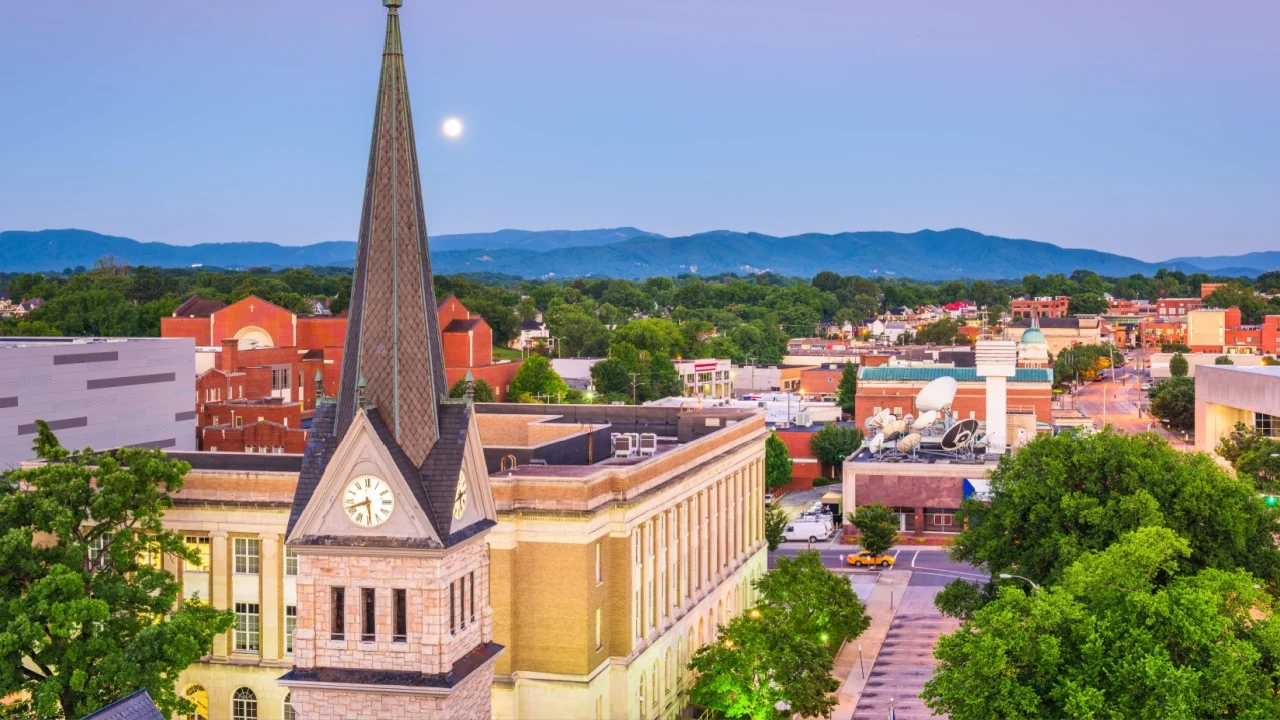 Roanoke, Virginia, USA downtown skyline and steeple at dawn.
