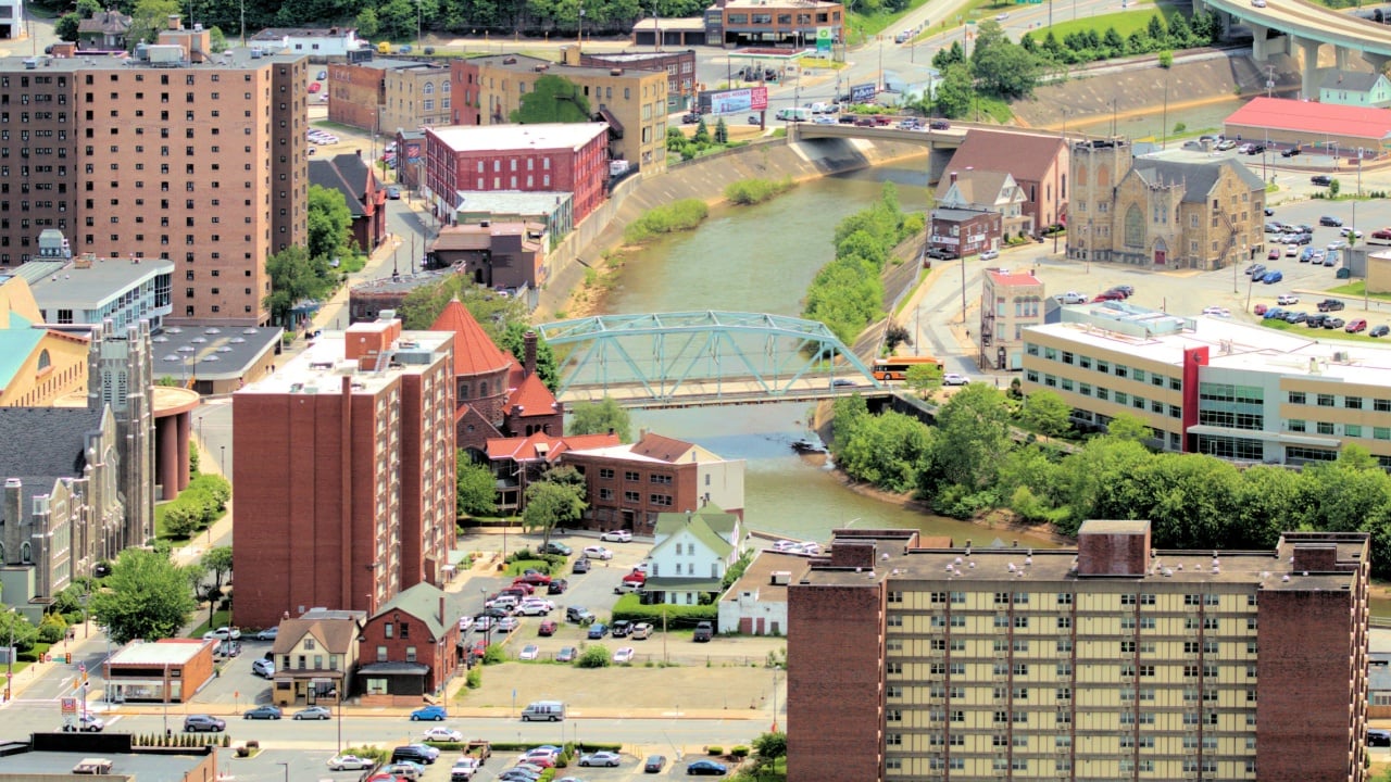 Johnstown, Pennsylvania / USA - May 22, 2019: A view of downtown Johnstown as seen from the Inclined Plane. This is the area that flooded during the Great Johnstown Flood