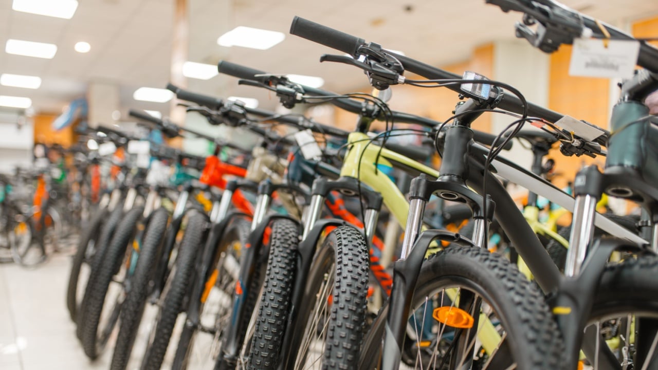 Rows of mountain bicycles in sports shop, nobody