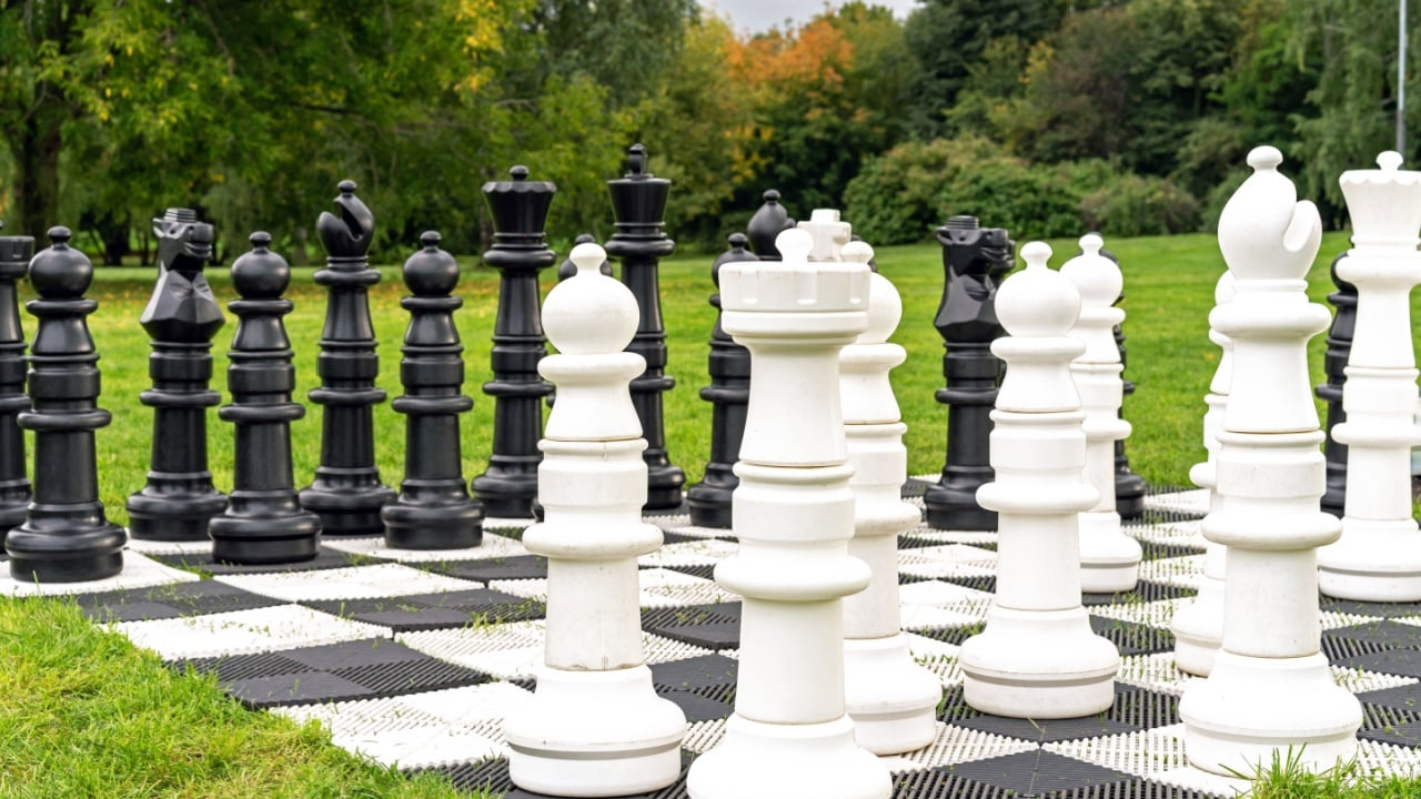 Giant chess pieces on a background of nature.