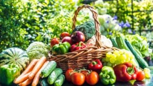 Variety of fresh organic vegetables and fruits in the garden. Balanced diet