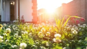 Scenic close-up macro white clover grass lawn meadow on home yard against backlit bright warm sunset evening light on background. House backyard gardening, landscaping service and maintenance concept