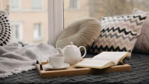 Comfortable lounge area with blanket and soft pillows near window in room