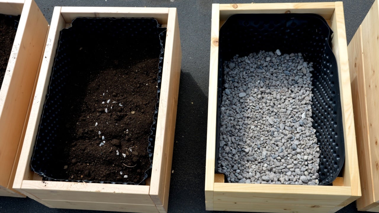 preparation for planting flower pots. wooden flower pots are filled at the bottom with gravel as drainage. the sides are covered with black foil with bubbles