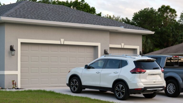 Car parked in front of wide garage double door on concrete driveway of new modern american house