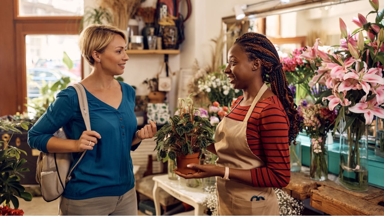African American florist assisting her customer in choosing potted plant at flower shop.