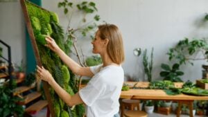 Young happy florist decorator creating plant moss panel