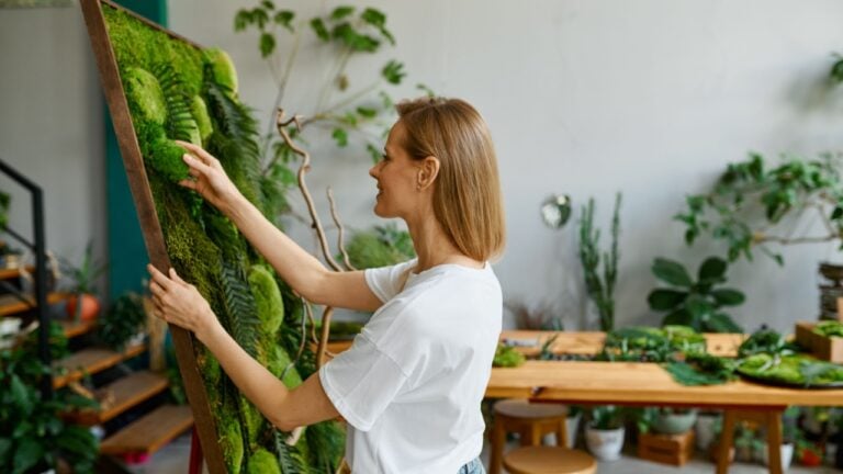 Young happy florist decorator creating plant moss panel
