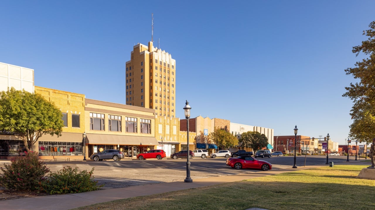Enid, Oklahoma, USA - October 17, 2022: The old business district on Grand Avenue