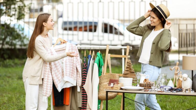 Young women shopping in yard. Garage sale