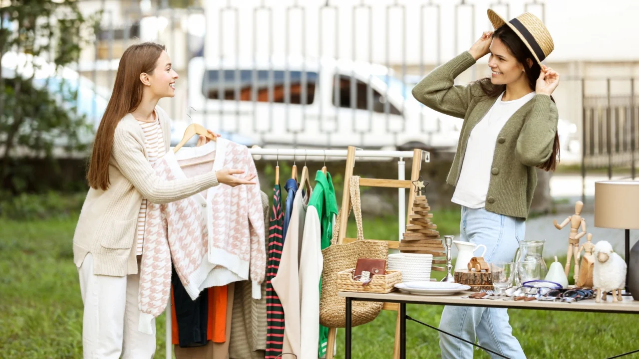 Young women shopping in yard. Garage sale
