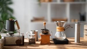 Coffee making concept, Old coffee grinder, manual hand mill on the table with coffee pot and coffee cup.