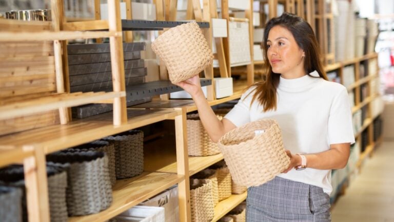 Positive latino american woman choosing original decorative wicker baskets in shop