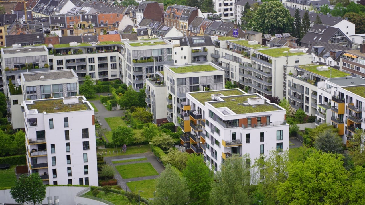 Green roofs with succulents and other plants on the roofs of residential buildings in Cologne - Bayenthal. They improve the microclimate by regulating temperature and improving air quality. Cologne, Germany.