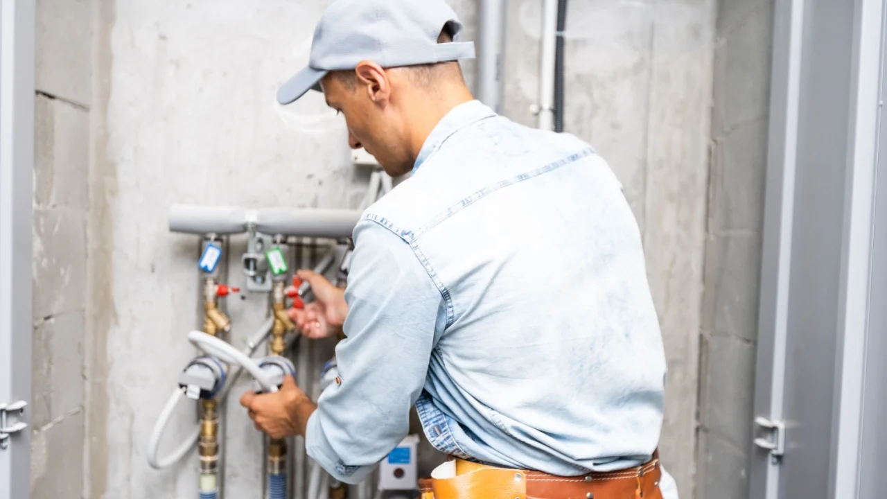 Male plumber checks pipes for central hot and cold water supply of apartment