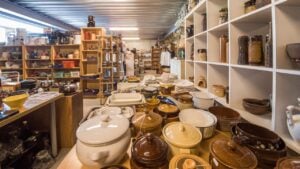 Sweden, Malmo – February 11, 2016: European vintage second hand with many beautiful unusual things, porcelain, bijouterie, jewelery, tableware, flatware, furniture and other. Ancient, old, used things