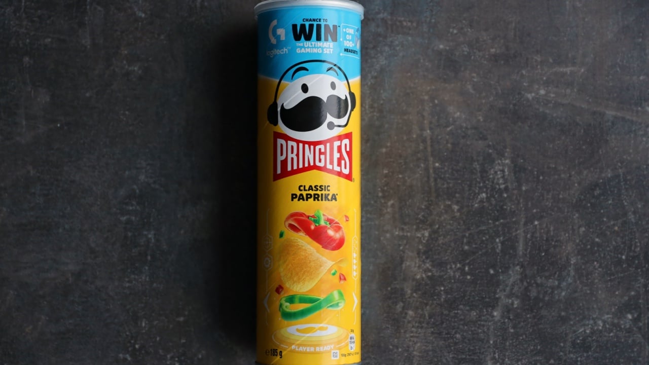 KYIV, UKRAINE - 4 MAY, 2023: Pringles tube of chips with rare classic paprika flavour close up