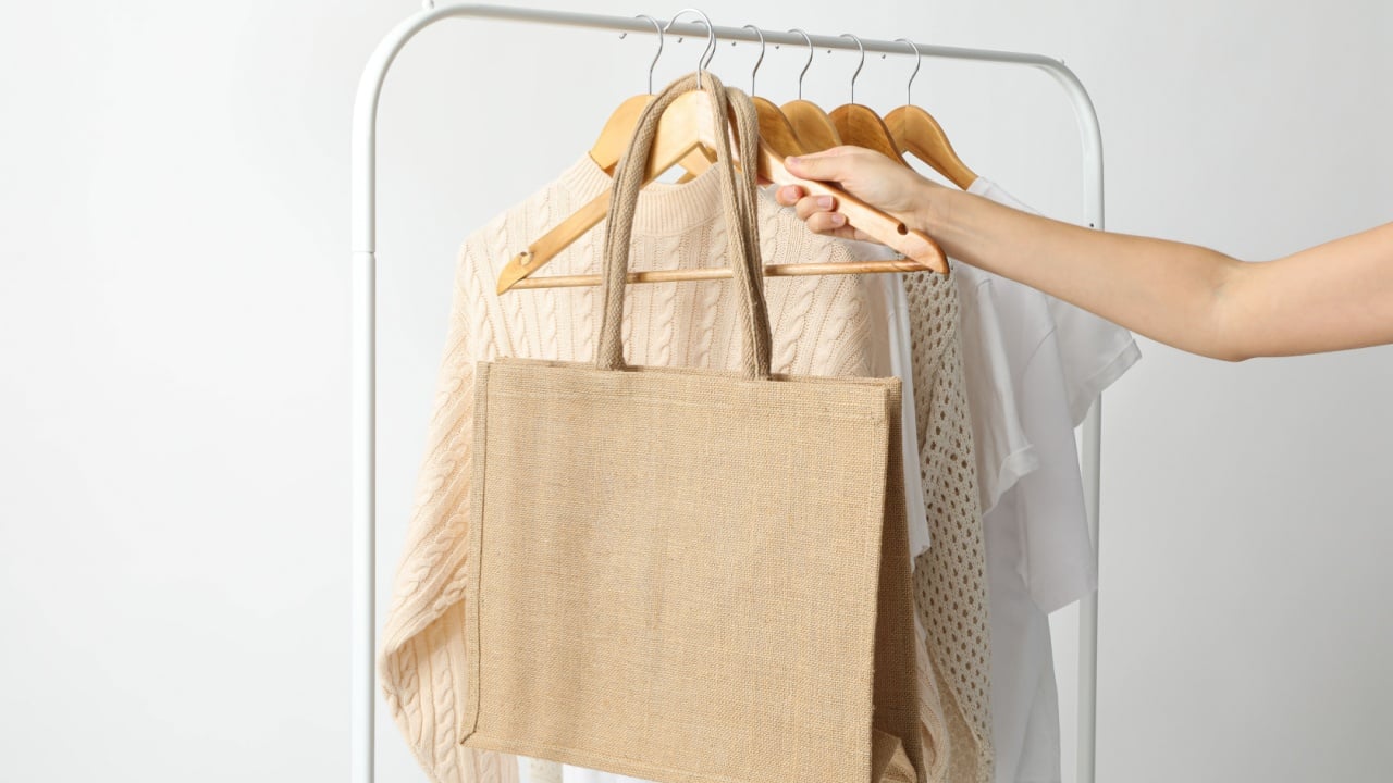 A bag hangs on a hanger with clothes