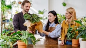 Adult Asian woman worker gardener wearing apron packing in paper and selling house plant pots for happy European couple in flower shop. Florist handing over plants to male customer.
