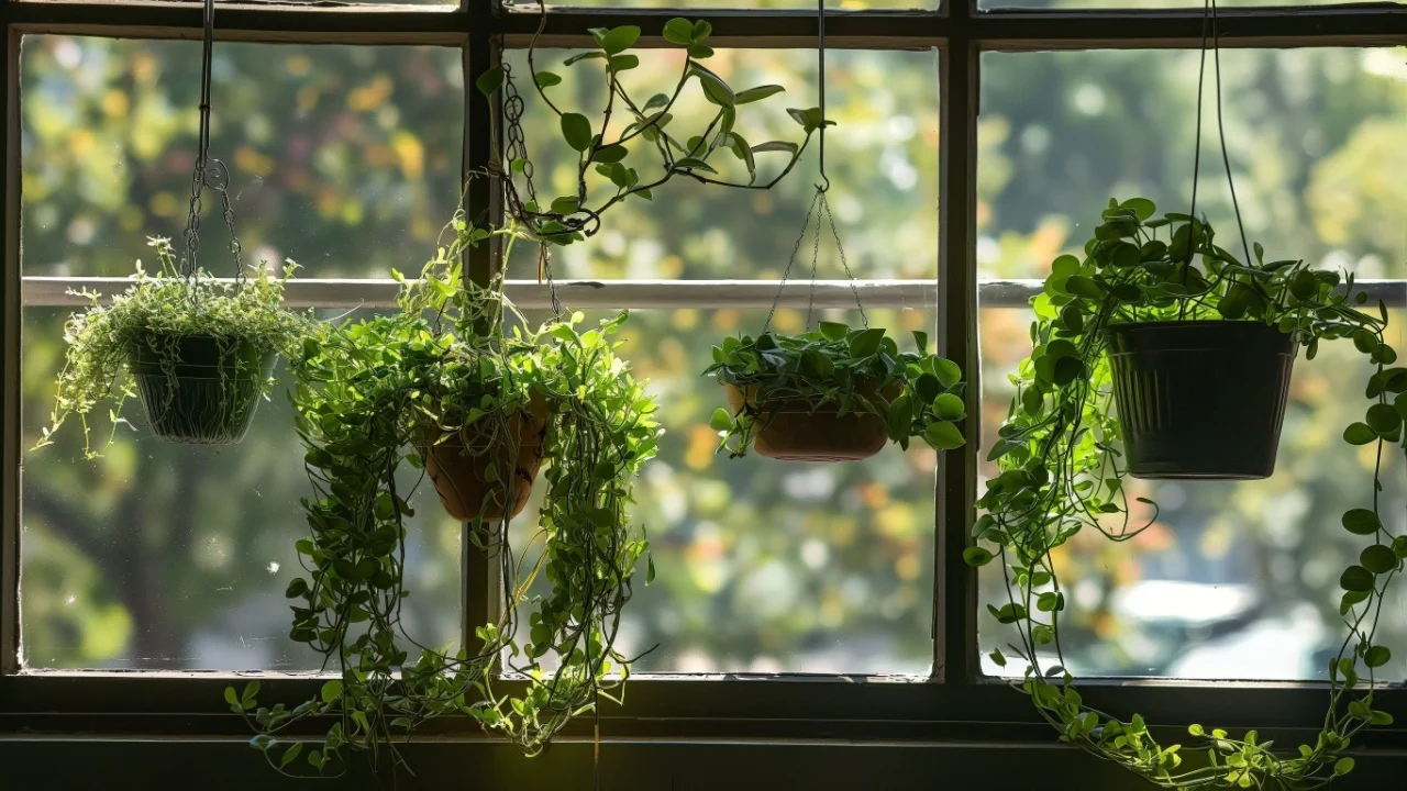 Hanging plants in front of a window