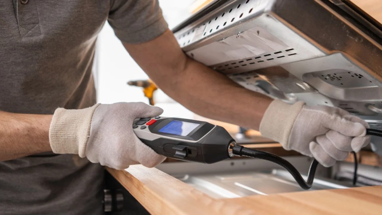 Professional Caucasian Kitchen Appliances Installer Checking For Gas Leaks Using a Detector