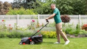 Side view of man using lawn mower cutting the grass in the backyard. Modern agricultural machinery for the care of the garden