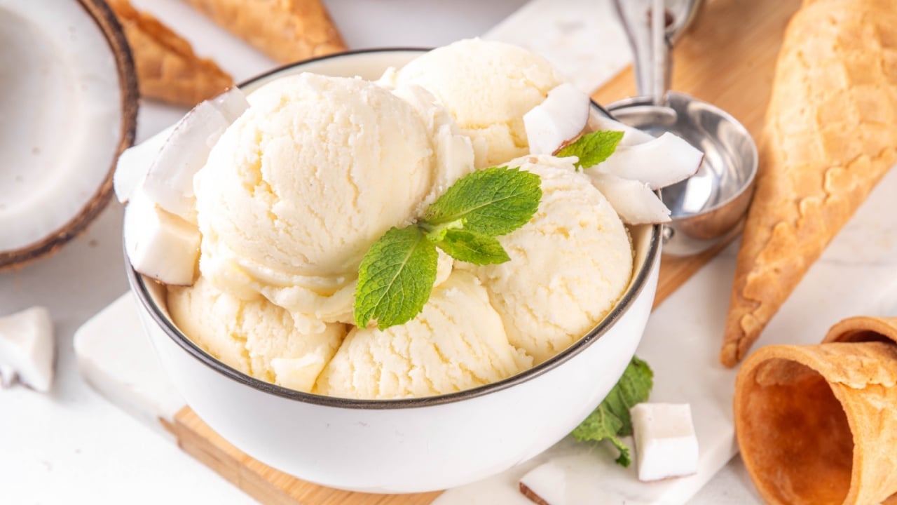 Vegan creamy coconut sorbet ice cream. Bowl with classic white coconut flavor non-dairy vegetarian gelato made with coconut milk, creamy frozen summer dessert