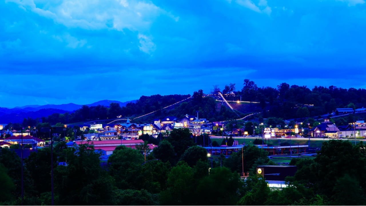 Sevierville, Tennessee, USA 07 25 2024: Night landscape of Sevierville and Pigeon Forge and great smoky mountain national park
