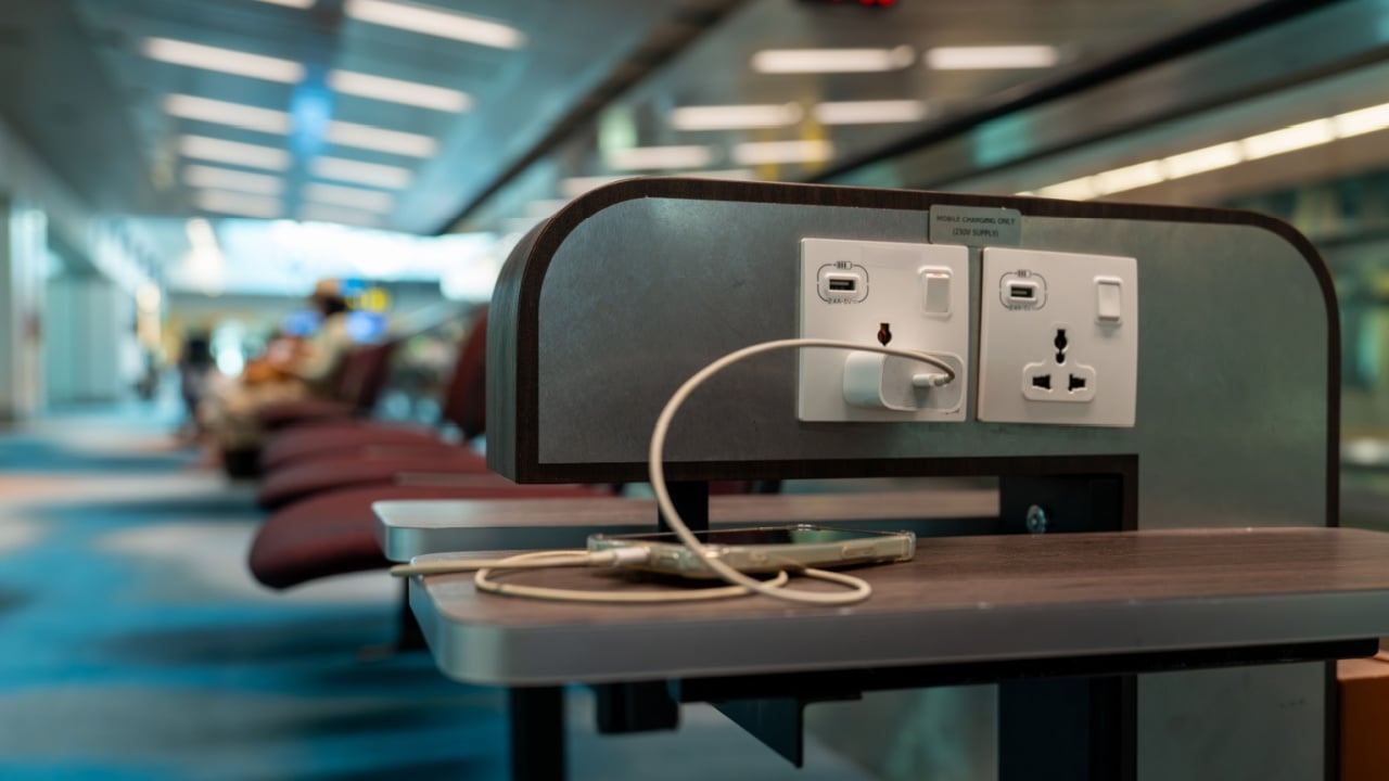 Free charging plug outlet or USB in the airport terminal service for traveler.