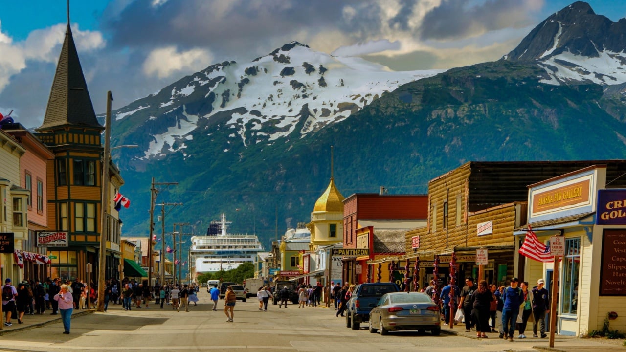 SKAGWAY, ALASKA - July 9, 2023: Skagway is a borough in Alaska with a full time population of about 1,000 people. During the summer, cruise ships bring in more than 900,000 visitors.
