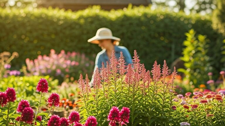 Photograph of a perennial garden. A caucasian woman should be cutting flowers in the background. The flowers should occupy the space in the front of the photograph. Only 1 woman please. background. She should be dressed in gardening attire.