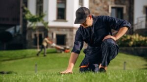 Checking the grass, sitting. Professional gardener is on the lawn.