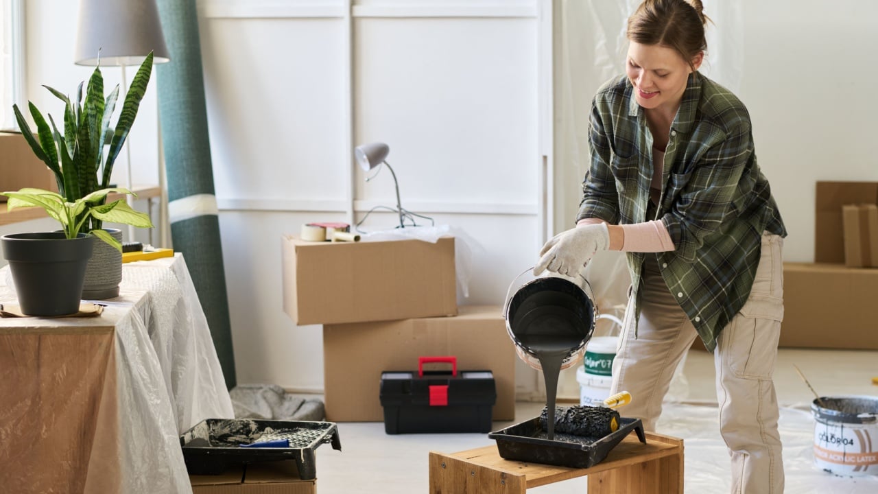 Young female owner of new apartment pouring grey paint in plastic tray before painting walls in spacious living room