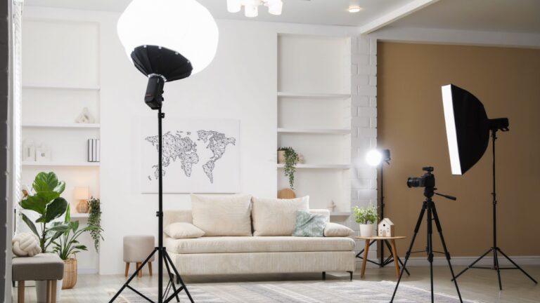 Real estate shooting. Professional photo studio equipment in living room