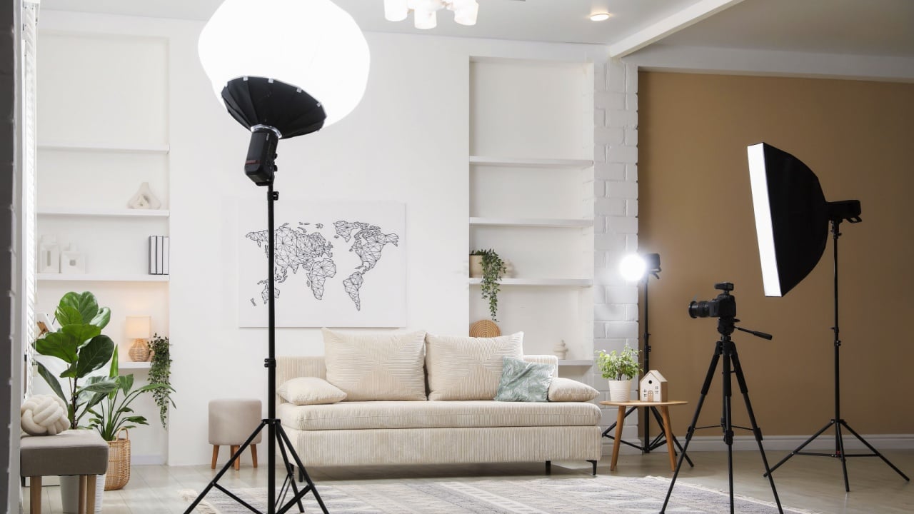 Real estate shooting. Professional photo studio equipment in living room