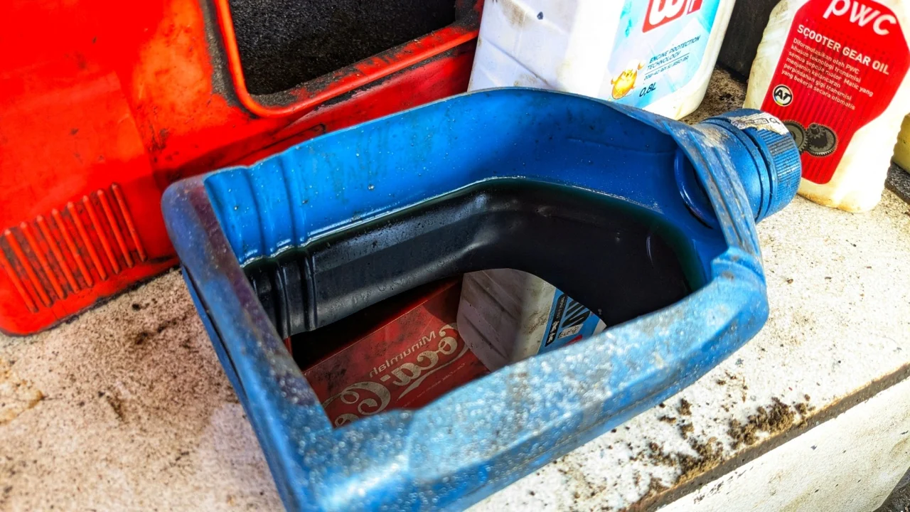 Purworejo, Indonesia - May 2,2025 : Close-up of a blue oil container cut open and repurposed, partially filled with dark used oil, surrounded by other lubricant bottles in a workshop setting